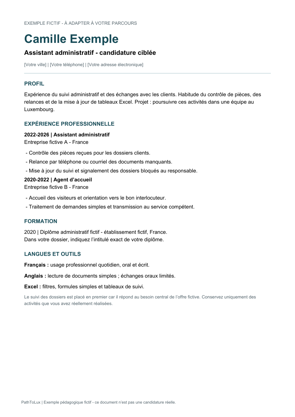 Exemple fictif de CV pour un poste d’assistant administratif ; version texte ci-dessous.
